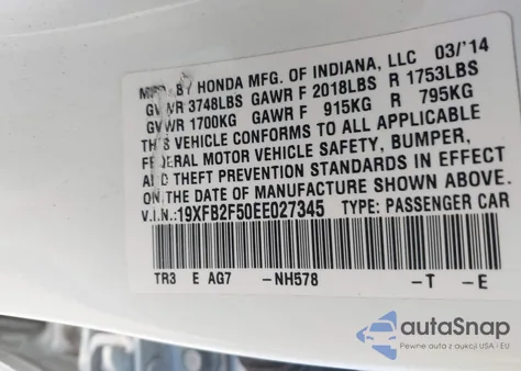 2014 Honda Civic Lx из США, поврежденный, VIN 19XFB2F50EE027345